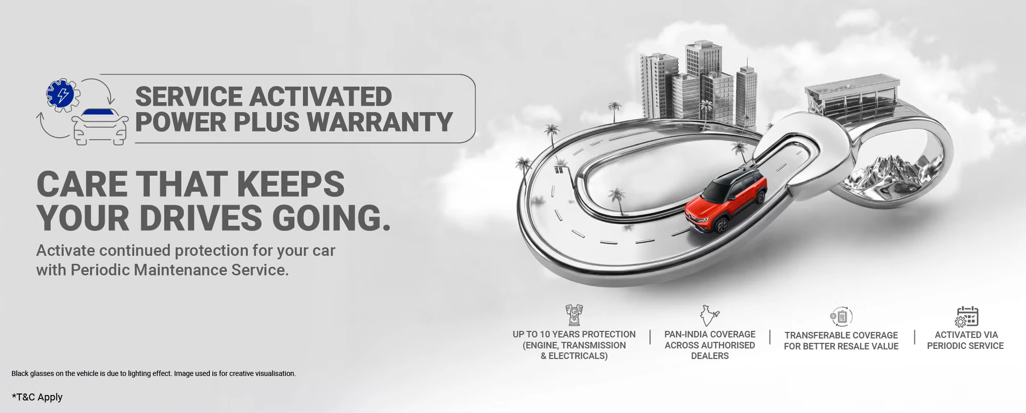 Service Activated Power Plus Warranty — Care that keeps your drives going. Up to 10 years protection on Engine, Transmission and Electricals, Pan-India coverage, transferable and activated via periodic service.